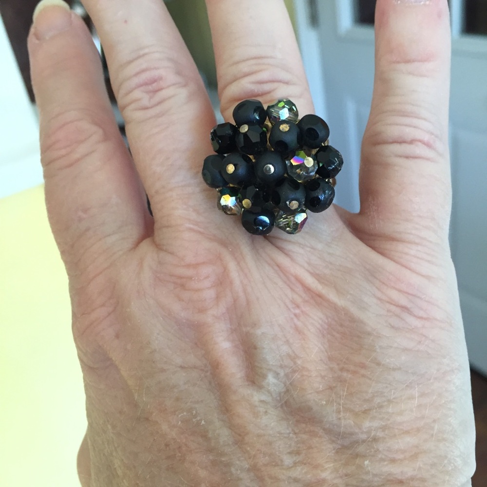 Vintage Black Beaded Crystal Ring